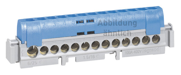 Клеммная колодка IP 2X - нейтраль - синяя - 1 x 6-25 кв мм - 21 x 1,5-16 кв мм - длина 141 мм | 004845 | Legrand