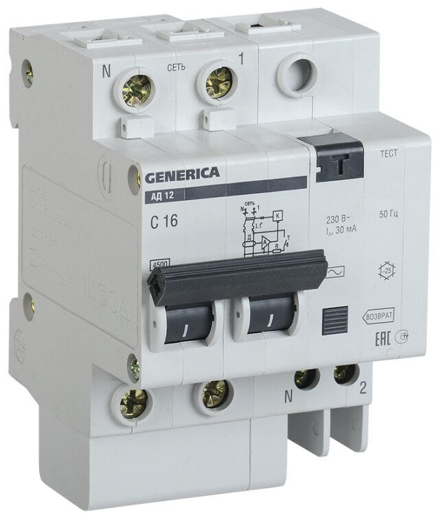 Выключатель автоматический дифференциального тока АД12 2п 63А C 63А тип AC (3,9 мод) GENERICA | MAD15-2-063-C-030 | IEK
