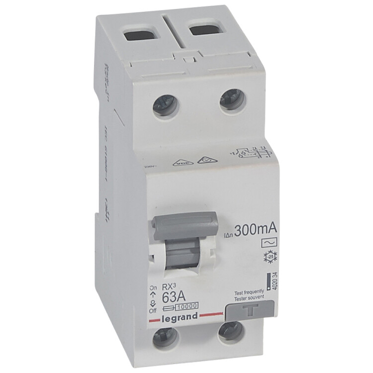 Выключатель дифференциальный (УЗО) RX3 2п 63А 300мА тип AC | 402034 | Legrand