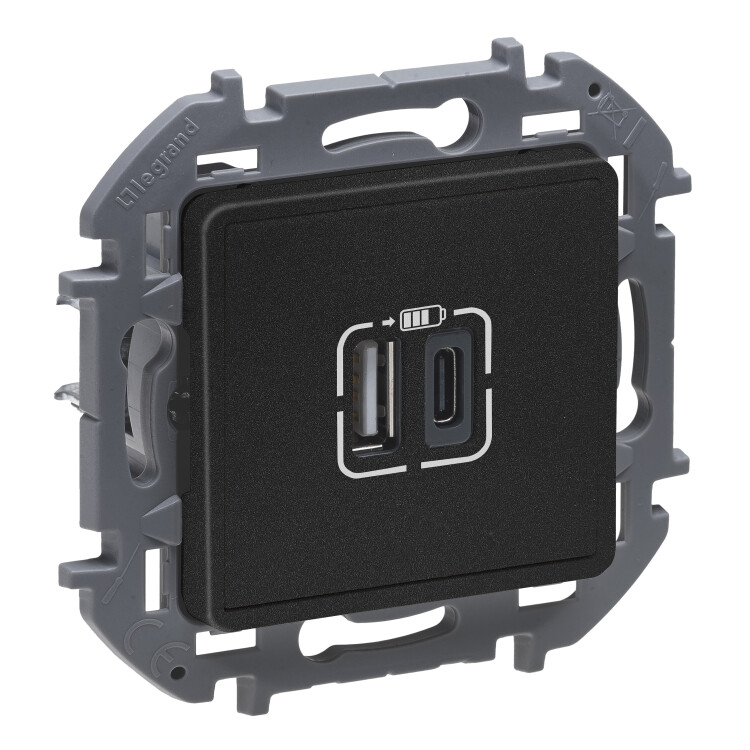 Inspiria антрацит зарядное устройство 2 местное с USB-разьемами A-C 240В/5В 3000мА С/У без рамки | 673763 | Legrand