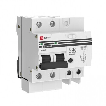 Выключатель автоматический дифференциальный АД-2 S 32А/100мА (хар-ка C, AC, электронный, защита 270В) 6кА PROxima | DA2-6-32-100S-pro | EKF