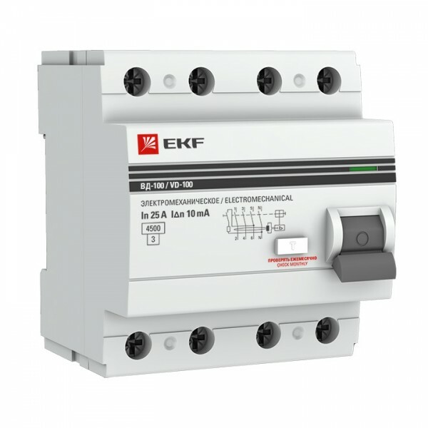 Выключатель дифференциальный (УЗО) УЗО ВД-100 4P 50А/30мА (тип АС, электромеханическое) EKF PROxima | elcb-4-50-30-em-pro | EKF
