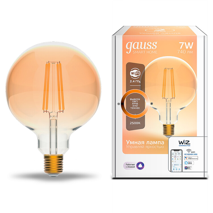 Лампа светодиодная филаментная Smart Home DIM E27 G95 Golden 7 Вт 1/40 | 1320112 | Gauss