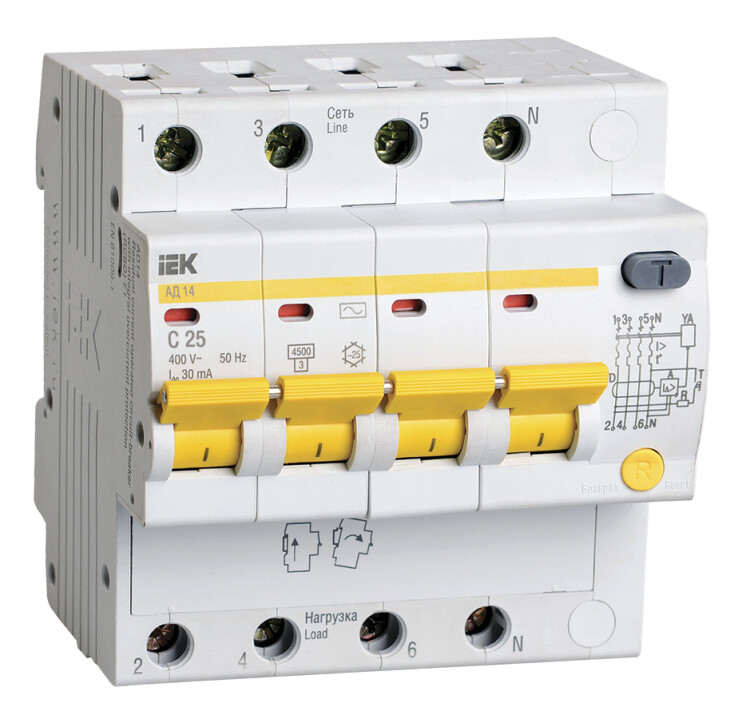 Выключатель автоматический дифференциального тока АД14 4п 25А C 30мА тип AC (5 мод) | MAD10-4-025-C-030 | IEK