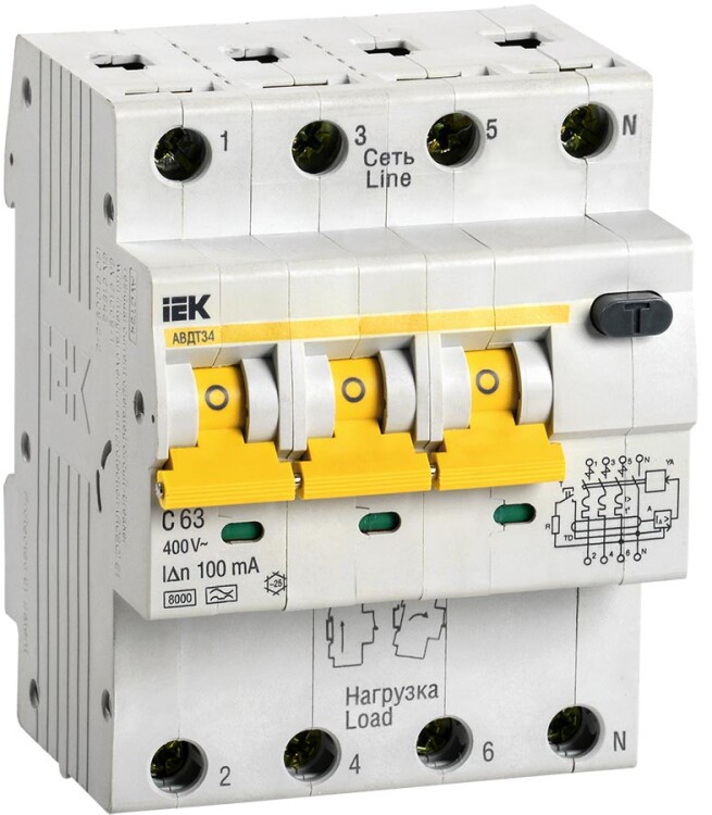 Выключатель автоматический дифференциального тока АВДТ 34 3п+N 63А C 100мА тип A | MAD22-6-063-C-100 | IEK
