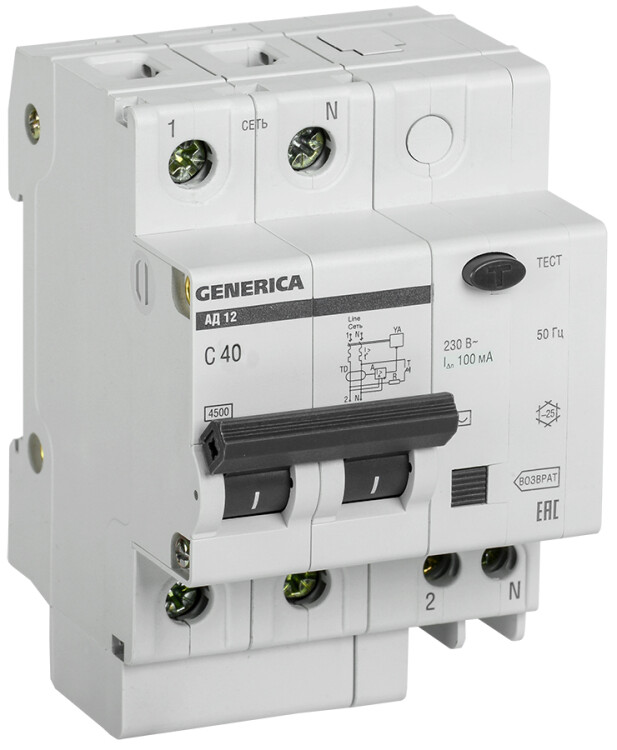 Выключатель автоматический дифференциального тока АД12 GENERICA 2п 40А C 100мА тип AC (4 мод) | MAD15-2-040-C-100 | IEK
