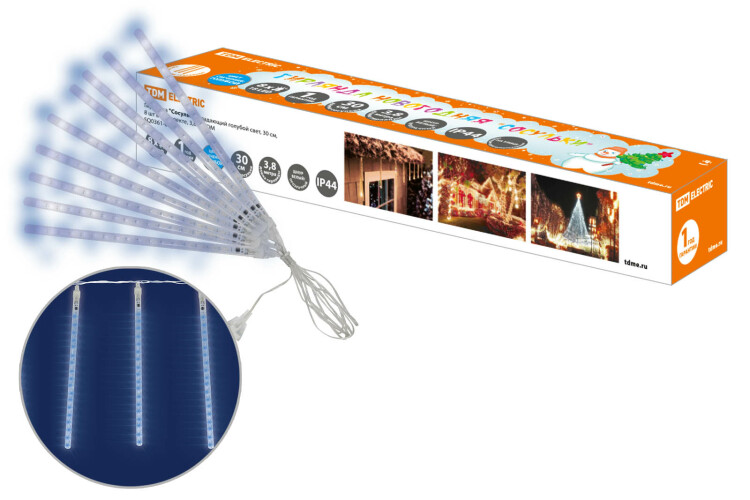 Гирлянда новогодняя "Сосульки", падающий голубой свет, 30 см, 8 шт в комплекте, 3,8 м, | SQ0361-0027 | TDM ELECTRIC