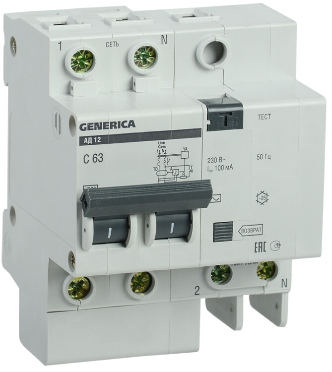 Выключатель автоматический дифференциального тока АД12 GENERICA 2п 63А C 100мА тип AC (4 мод) | MAD15-2-063-C-100 | IEK