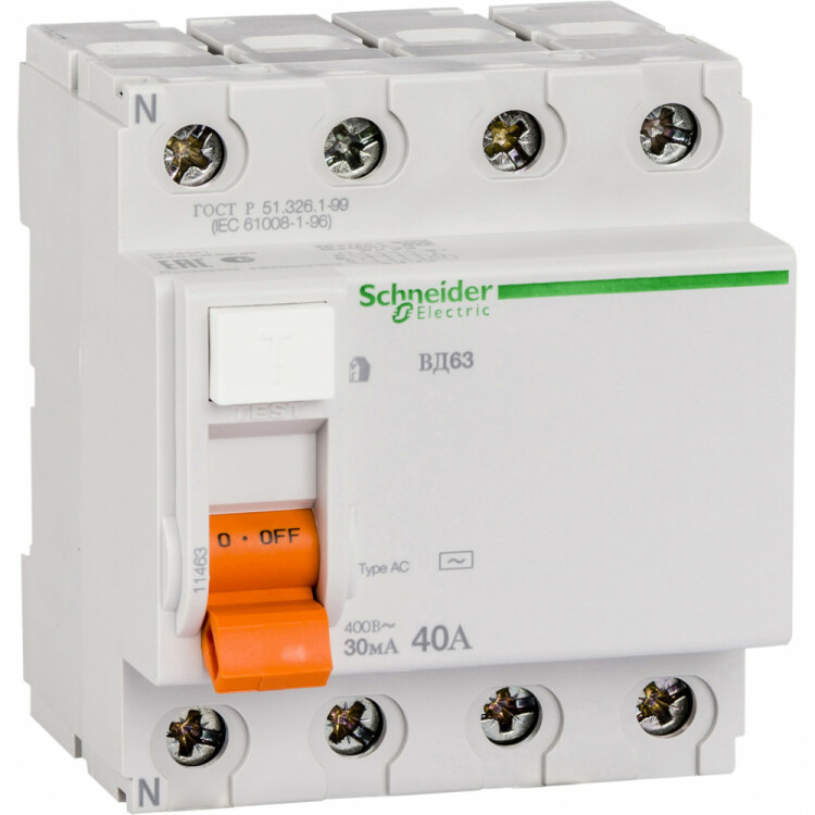 Выключатель дифференциальный (УЗО) ВД63 4п 40А 30мА тип AC | 11463 | Schneider Electric