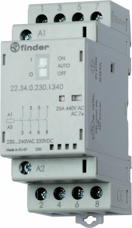 Модульный контактор; 3NO+1NC 25А; контакты AgSnO2; катушка 12В АС/DC; ширина 35мм; степень защиты IP20 | 223400124740 | Finder