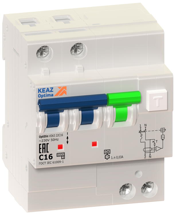 Выключатель автоматический дифференциальный OptiDin VD63-21C16-A-УХЛ4 2п 16А C 10мА тип A | 103449 | КЭАЗ