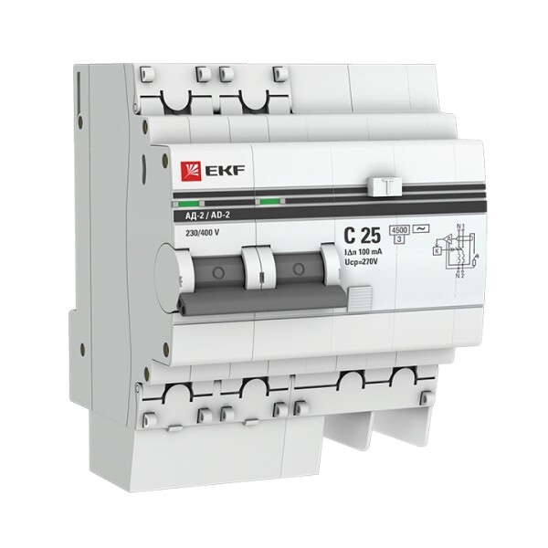 Выключатель автоматический дифференциального тока АД-2 2п 25А C 100мА тип AC (4 мод.) PROxima (электронный) | DA2-25-100-pro | EKF
