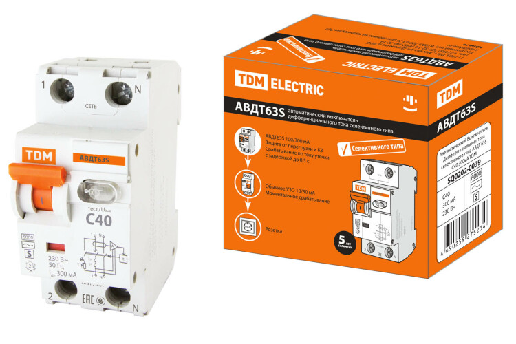 Выключатель автоматический дифференциального тока АВДТ 63S C40 300мА | SQ0202-0039 | TDM