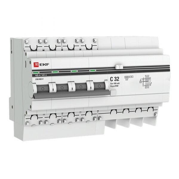 Выключатель автоматический дифференциального тока АД-4 4п 32А C 100мА тип AC (8 мод.) PROxima (электронный) | DA4-32-100-pro | EKF