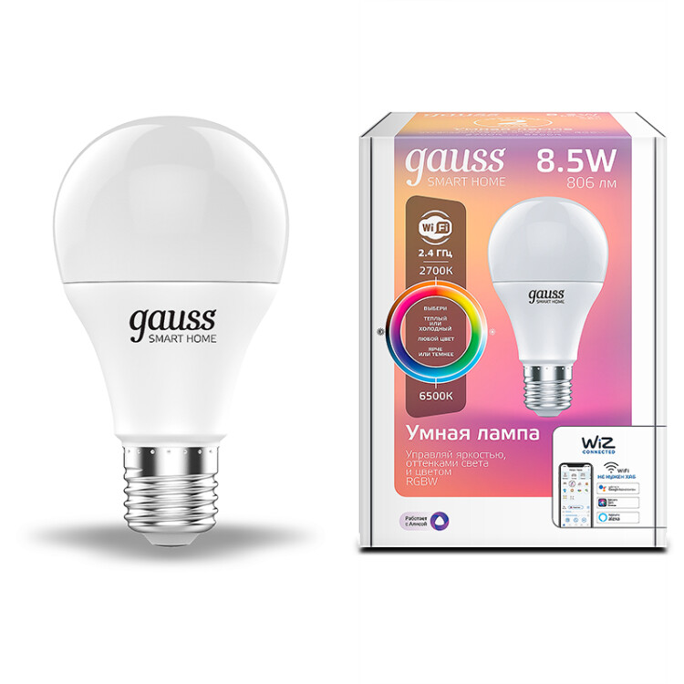 Лампа Светодиодная Smart Home RGBW E27 A60 8.5 Вт 2700-6500K 1/10/100 | 1170112 | Gauss