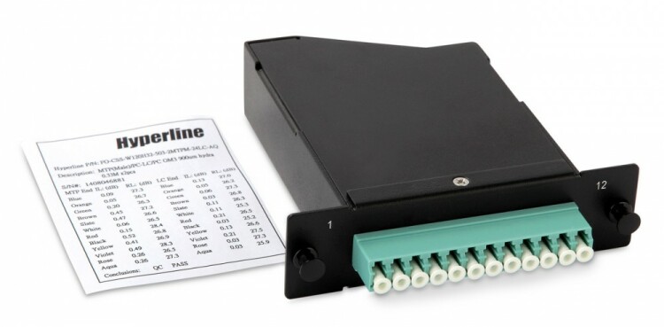 FO-CSS-W120H32-503-1MTPM-12LC-AQ Волоконно-оптическая кассета 1xMTP (папа), 120x32 мм, 12LC адаптеров (цвет aqua), 12 волокон, OM3 | 47753 | Hyperline