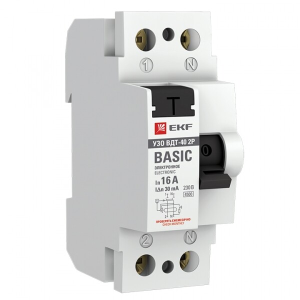 Выключатель дифференциальный (УЗО) ВД-40 2п 16А 30мА тип AC (электронный) Basic | elcb-2-16-30e-sim | EKF