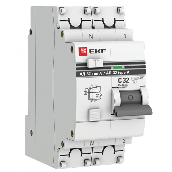 Выключатель автоматический дифференциального тока АД-32 1п+N 32А C 30мА тип A PROxima | DA32-32-30-a-pro | EKF