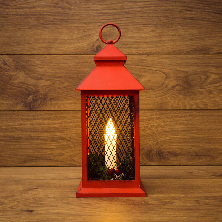 Декоративный фонарь со свечкой, красный корпус, размер 13.5х13.5х30,5 см, цвет ТЕПЛЫЙ БЕЛЫЙ | 513-041 | NEON-NIGHT