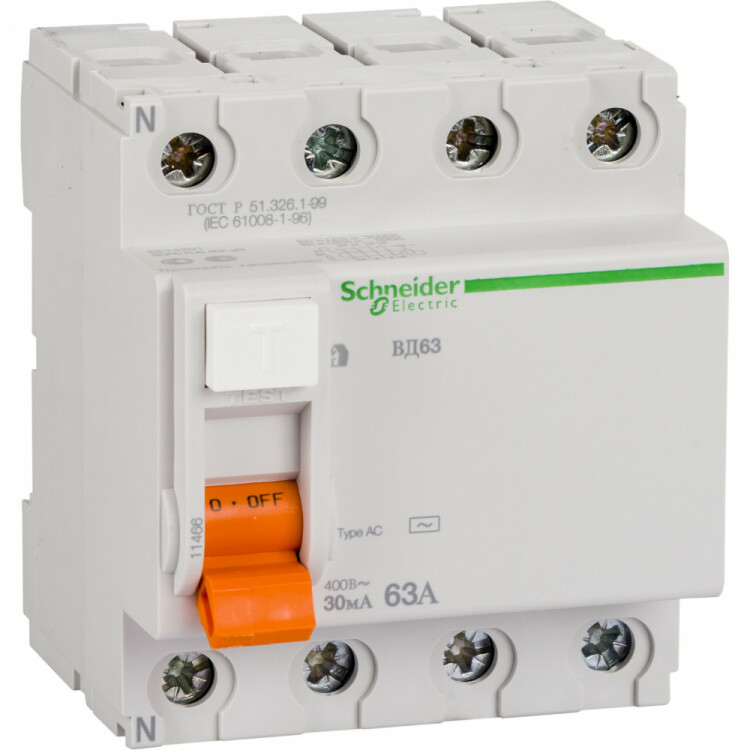 Выключатель дифференциальный (УЗО) ВД63 4п 63А 30мА тип AC | 11466 | Schneider Electric