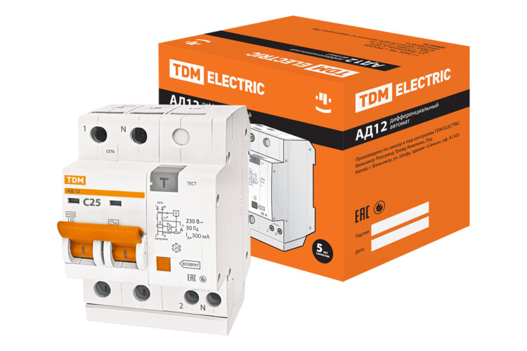Выключатель автоматический дифференциального тока АД12 2п 25А C 300мА тип AC (4 мод) | SQ0204-0010 | TDM