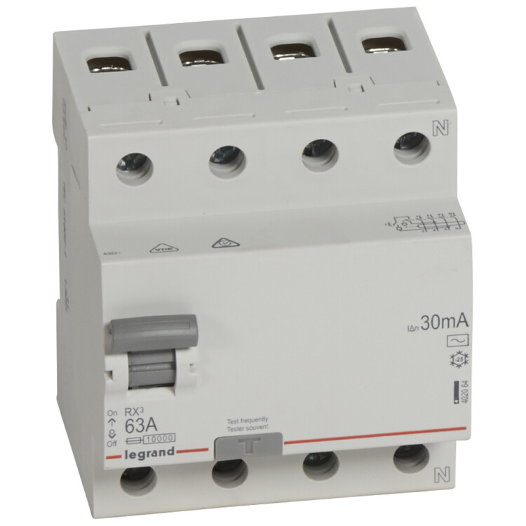 Выключатель дифференциальный (УЗО) RX3 4п 63А 30мА тип AC | 402064 | Legrand