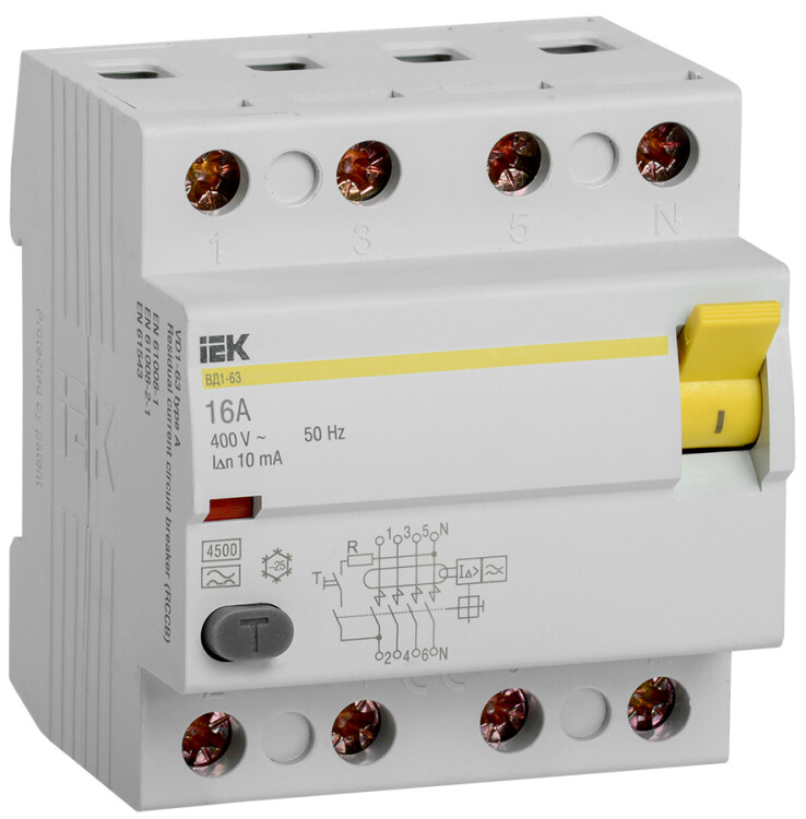 Выключатель дифференциальный (УЗО) ВД1-63 4п 16А 10мА тип A | MDV11-4-016-010 | IEK