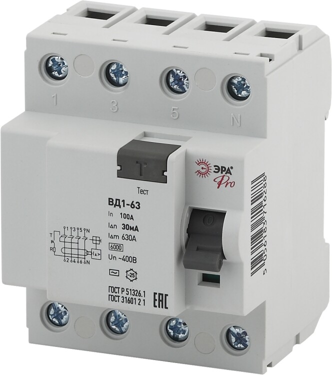 Выключатель дифференциальный (УЗО) (электромеханическое) NO-902-53 ВД1-63 3P+N 100А 30мА Pro | Б0031892 | ЭРА