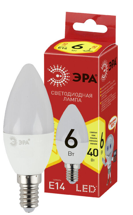 Лампа cветодиодная ECO LED B35-6W-827-E14 (диод, свеча, 6Вт, тепл, E14) (10/100/3500) | Б0020618 | ЭРА
