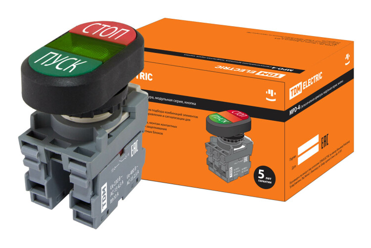Кнопка двойная MPD4-11G (зеленая/красная) (LED) в сборе d22мм/220В (ПУСК/СТОП) линза зеленая | SQ0747-0055 | TDM