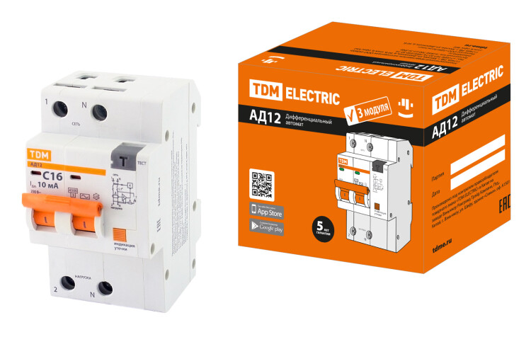 Выключатель автоматический дифференциального тока АД12 2Р 16А 10мА | SQ0204-0105 | TDM