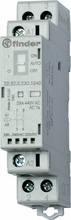 Модульный контактор; 2NO 25А; контакты AgNi; катушка 12В АС/DC; ширина 17.5мм; степень защиты IP20 | 223200121340 | Finder