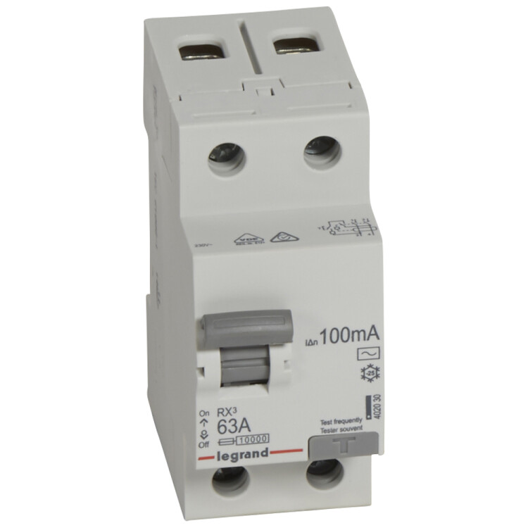 Выключатель дифференциальный (УЗО) RX3 2п 63А 100мА тип AC | 402030 | Legrand