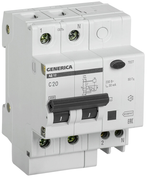 Выключатель автоматический дифференциального тока АД12 2п 20А C 20А тип AC (3,4 мод) GENERICA | MAD15-2-020-C-030 | IEK