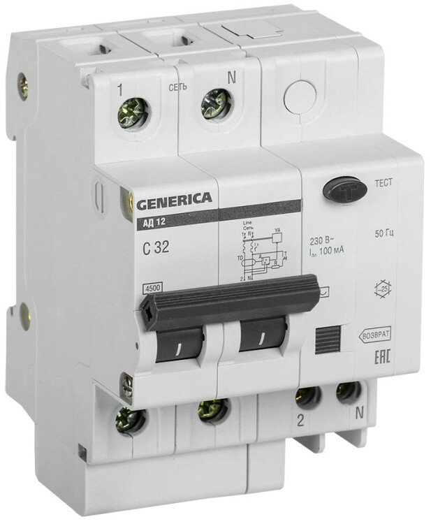 Выключатель автоматический дифференциального тока АД12 GENERICA 2п 32А C 100мА тип AC (4 мод) | MAD15-2-032-C-100 | IEK