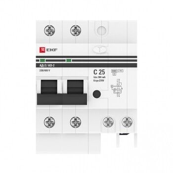 Выключатель автоматический дифференциального тока АД-2 25А/300мА (характеристика C, AC, электронный, защита 270В) 6кА PROxima | DA2-6-25-300-pro | EKF