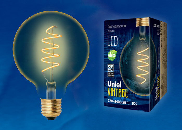 Лампа светодиодная LED-G95-4W/GOLDEN/E27/CW GLV21GO LED Vintage. «шар», золотистая колба. Cпиральная нить | UL-00001818 | Uniel