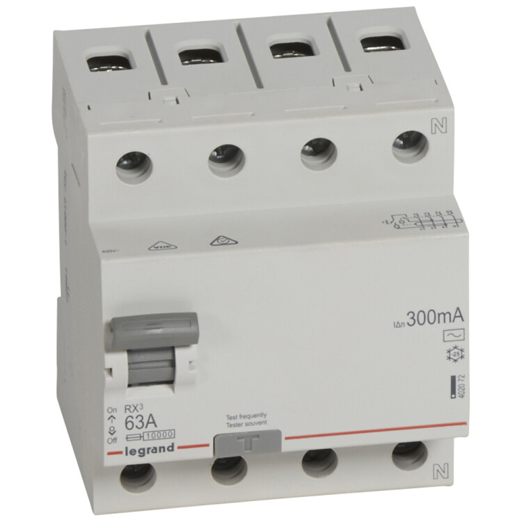 Выключатель дифференциальный (УЗО) RX3 4п 63А 300мА тип AC | 402072 | Legrand