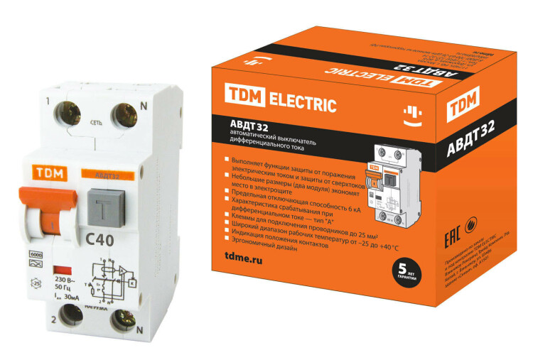 Выключатель автоматический дифференциального тока АВДТ 32 1п+N 40А C 30мА тип A | SQ0202-0033 | TDM