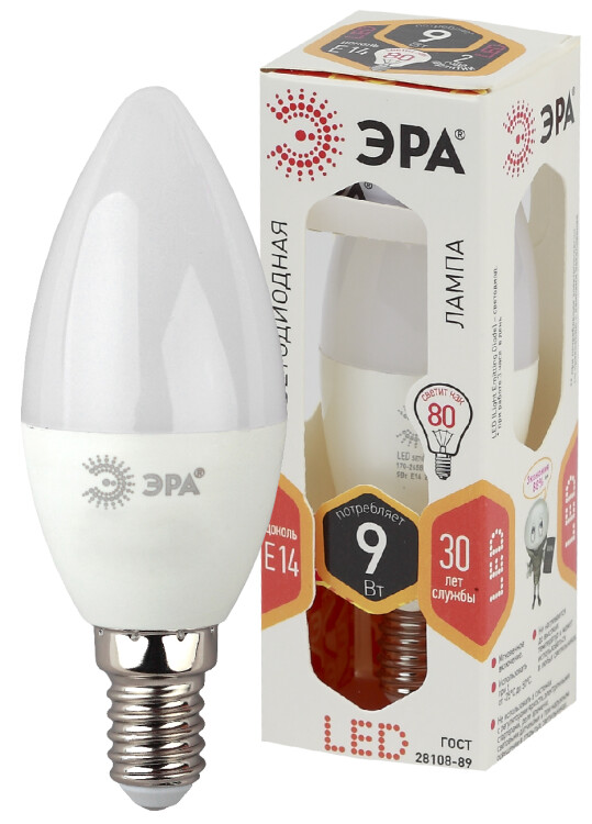Лампа светодиодная LED 9Вт E14 220В 2700К B35 свеча | Б0027969 | ЭРА