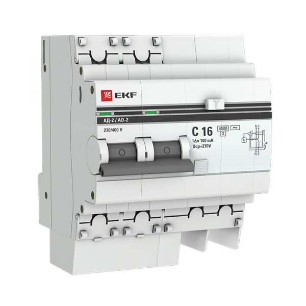 Выключатель автоматический дифференциального тока АД-2 2п 16А C 100мА тип AC (4 мод.) PROxima (электронный) | DA2-16-100-pro | EKF