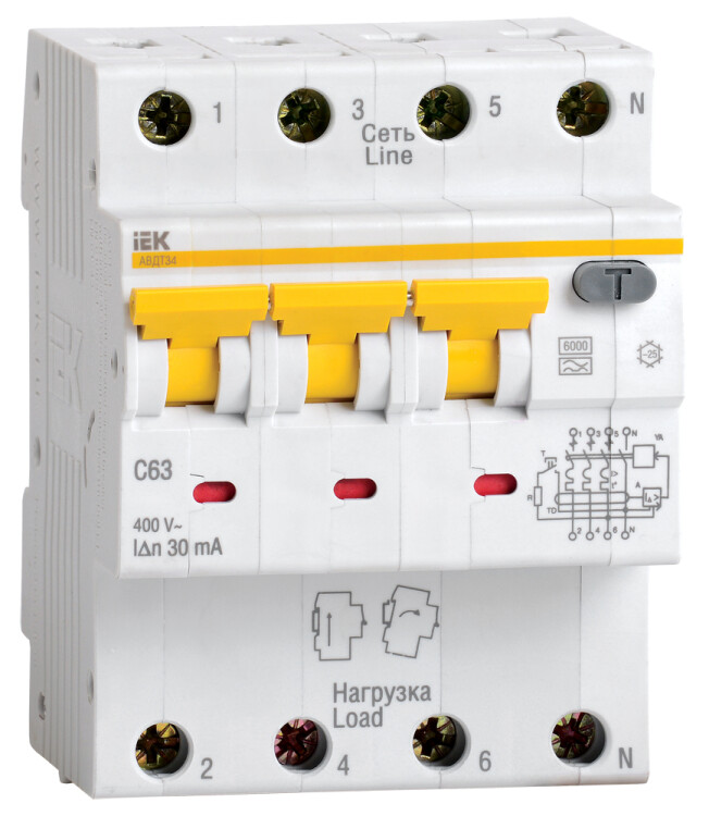 Выключатель автоматический дифференциального тока АВДТ 34 3п+N 10А C 10мА тип A | MAD22-6-010-C-10 | IEK
