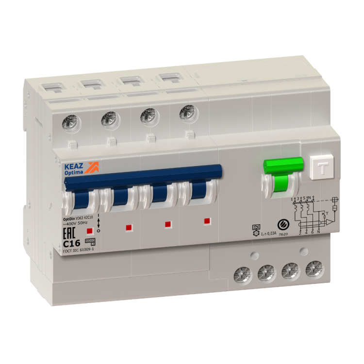 Выключатель автоматический диффернциальный OptiDin VD63-43C32-AS-УХЛ4 (4P, C32, 100mA) | 274847 | КЭАЗ