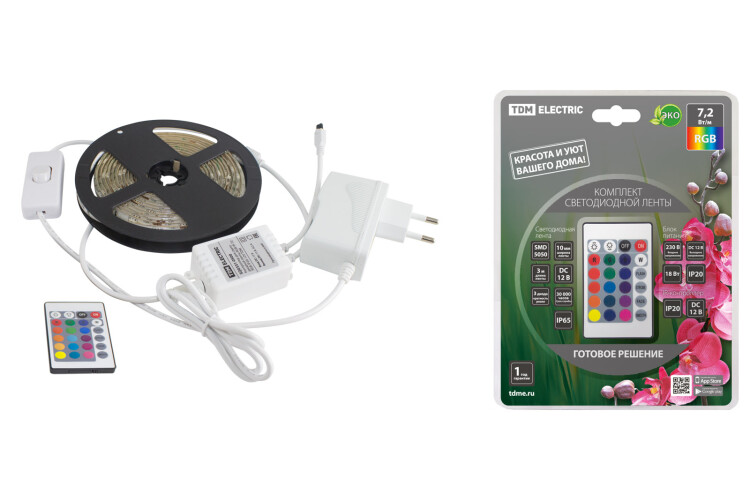 Комплект светодиодной ленты SMD5050-30 LED/м-12 В-7,2 Вт/м-IP65-RGB (3 м), 18 Вт, IR-контроллер  | SQ0331-0236 | TDM