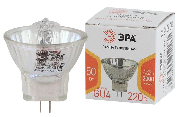 Лампа галогенная GU4-MR11-50W-220V-30 CL (галоген, софит, 50Вт, нейтр, GU4) | Б0044095 | ЭРА