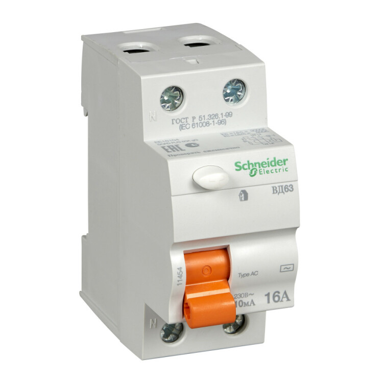 Выключатель дифференциальный (УЗО) ВД63 2п 16А 10мА тип AC | 11454 | Schneider Electric