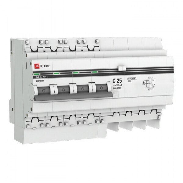 Выключатель автоматический дифференциального тока АД-4 4п 25А C 300мА тип AC (8 мод.) PROxima (электронный) | DA4-25-300-pro | EKF
