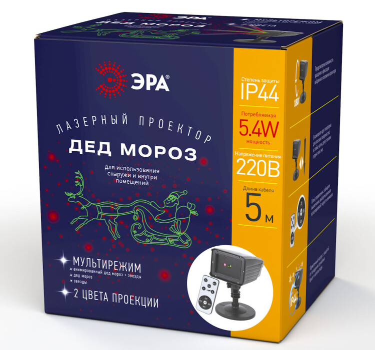 Проектор Laser Дед Мороз мультирежим 2 цвета, ENIOP-02 , 220V, IP44 (12/180) | Б0041643 | ЭРА