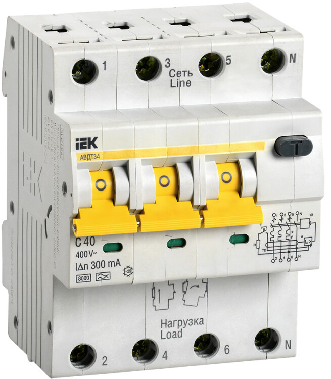 Выключатель автоматический дифференциального тока АВДТ 34 3п+N 40А C 300мА тип A | MAD22-6-040-C-300 | IEK