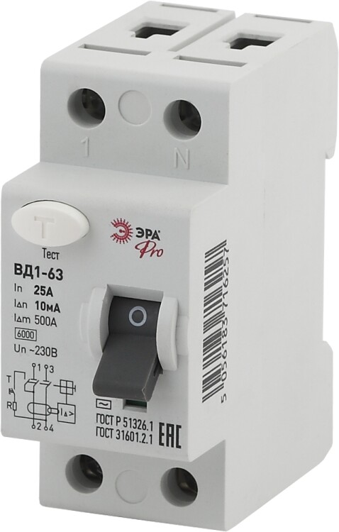 Выключатель дифференциальный (УЗО) (электромеханическое) NO-902-48 ВД1-63 1P+N 25А 10мА | Б0031889 | ЭРА
